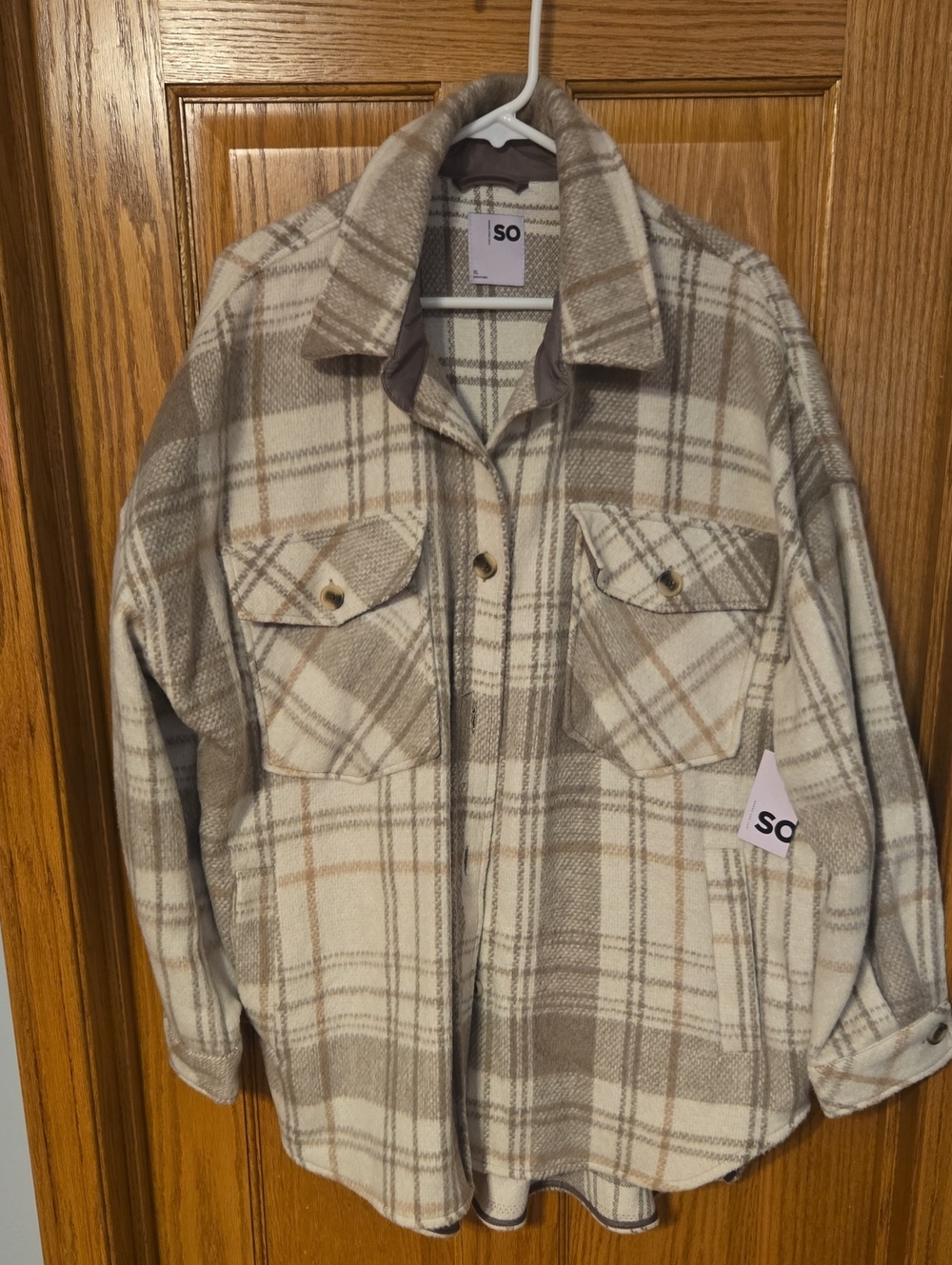 SO Neutral Plaid Shacket in Beige and Cream